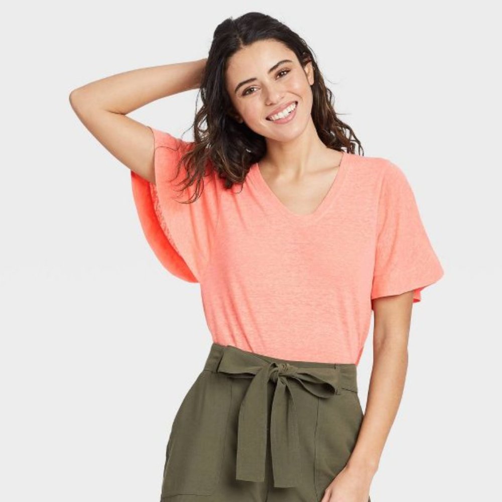 NWOT A New Day Linen Scoop Neck Flutter Sleeve Tee